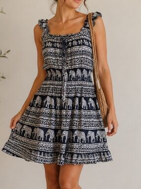 Impress! Black & White Elephant Print Cotton Sundress | Medium | Boho Midi Dress